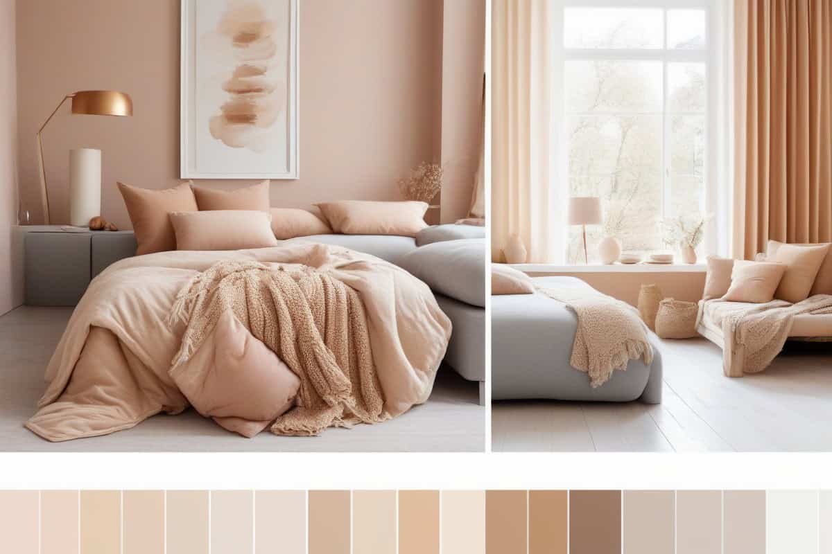 palette de couleurs beiges crème et teintes neutres apaisantes pour salon cocooning chaleureux