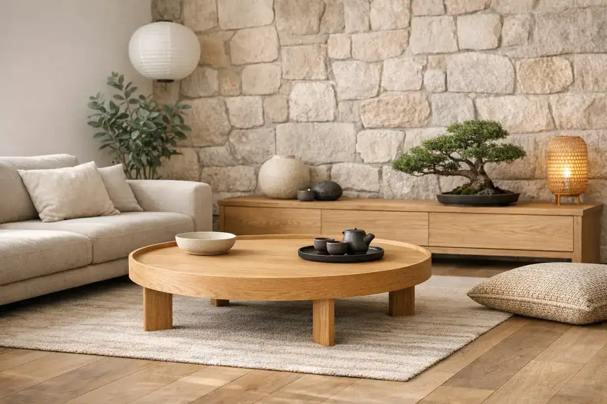 palette de couleurs salon japonais avec tons beige, bois chaud chêne clair et accents verts sauge pour décoration zen apaisante