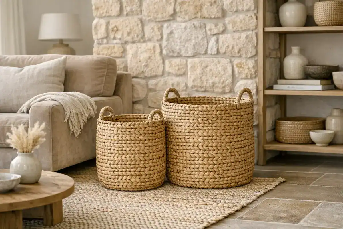 paniers tressés seagrass osier jacinthe d'eau rangement décoratif style bord de mer chic salon beige Bloomingville Madam Stoltz