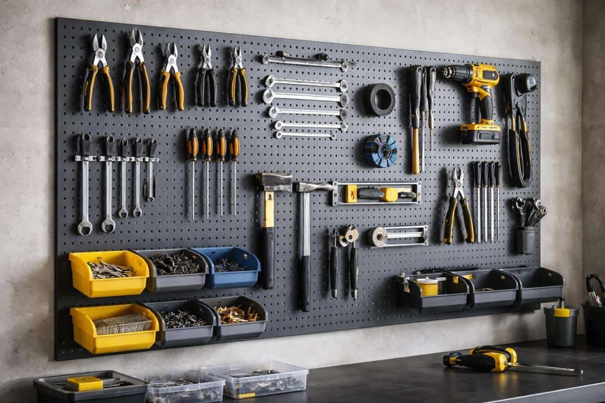 panneau perforé pegboard en acier laqué 1,5 mm pour atelier garage, organisation outils avec crochets et bacs, visuel management