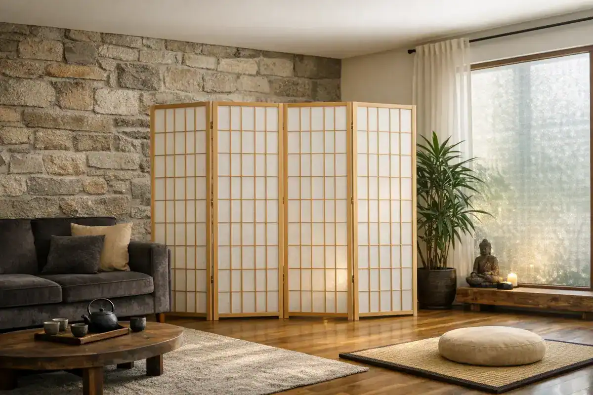 panneau shoji diffusant autoportant en papier de riz et bois pour salon japonais, filtre lumiere naturelle style japonais