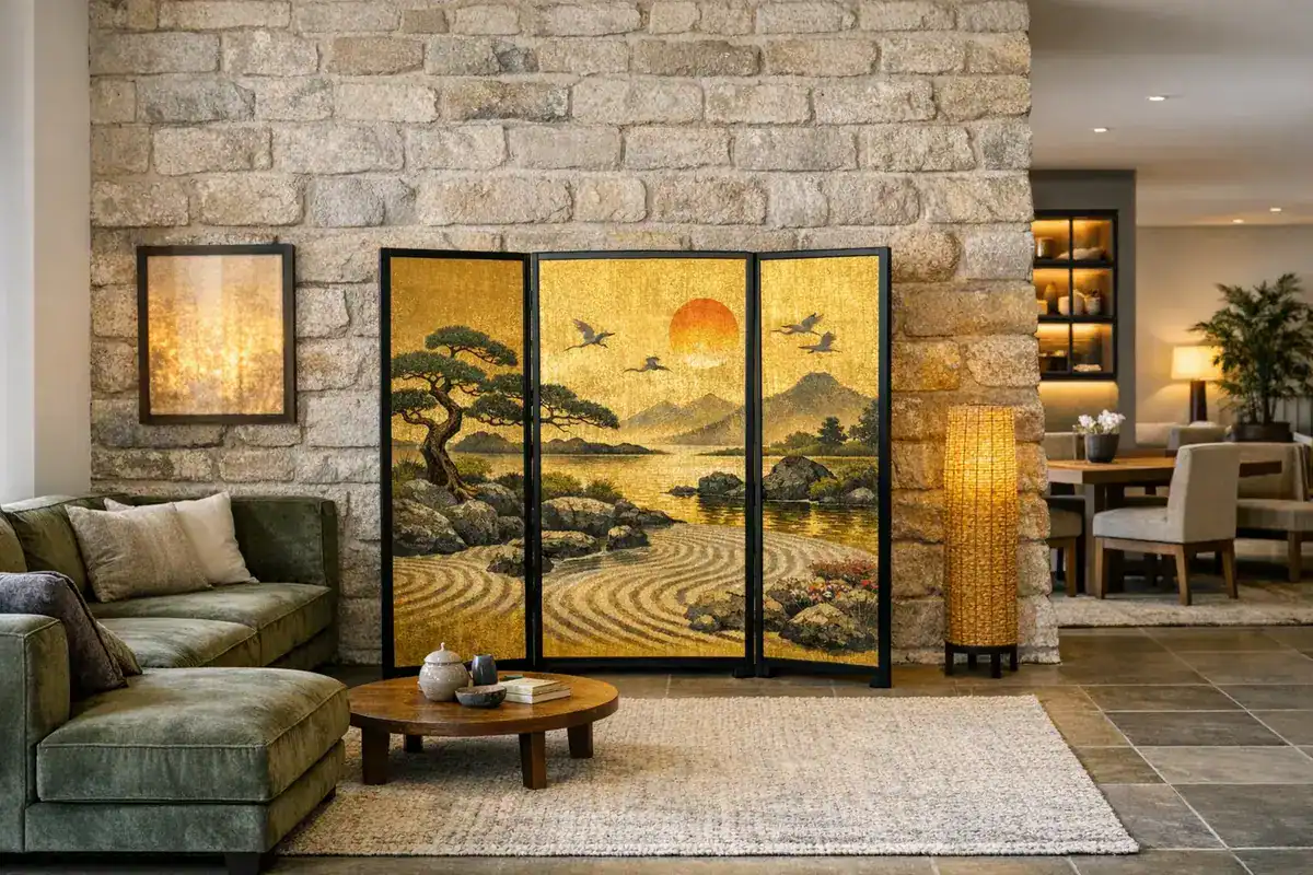 paravent trois panneaux papier washi derrière canapé pour délimiter zone salon japonais zen