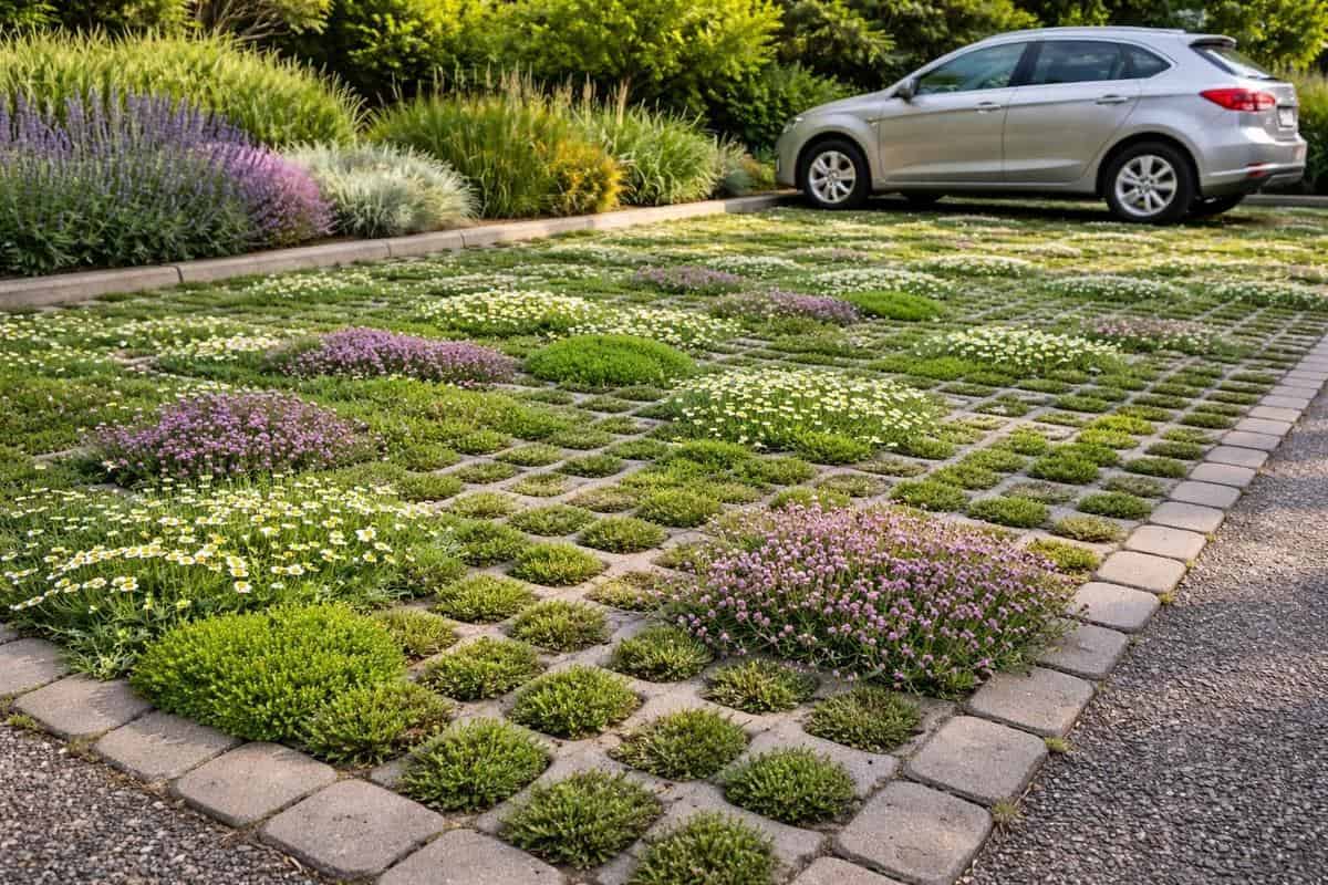 parking stabilisé plantes rampantes thym serpolet sagine camomille romaine tapis vivant perméable aménagement extérieur