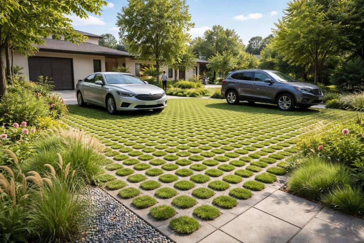 parking végétalisé perméable dalles alvéolées gazon fraîcheur estivale normes écologiques aménagement maison