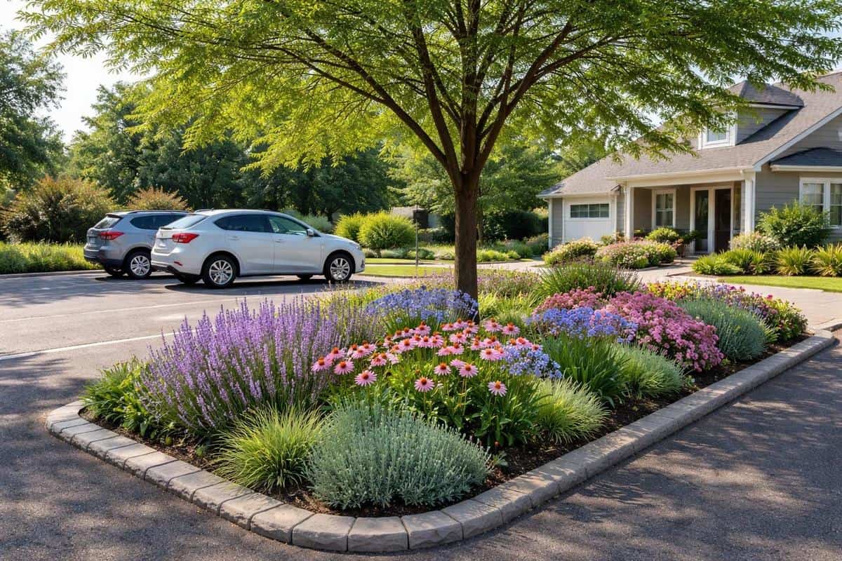 parterre fleurs vivaces lavande échinacée bordure parking maison aménagement paysager extérieur résidentiel