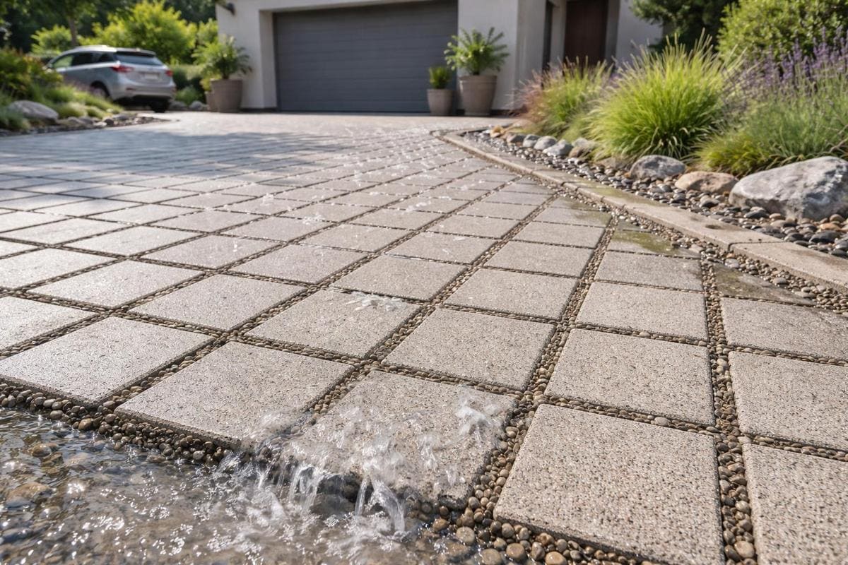 pavé drainant infiltration eau parking maison béton lavé joints élargis aménagement perméable