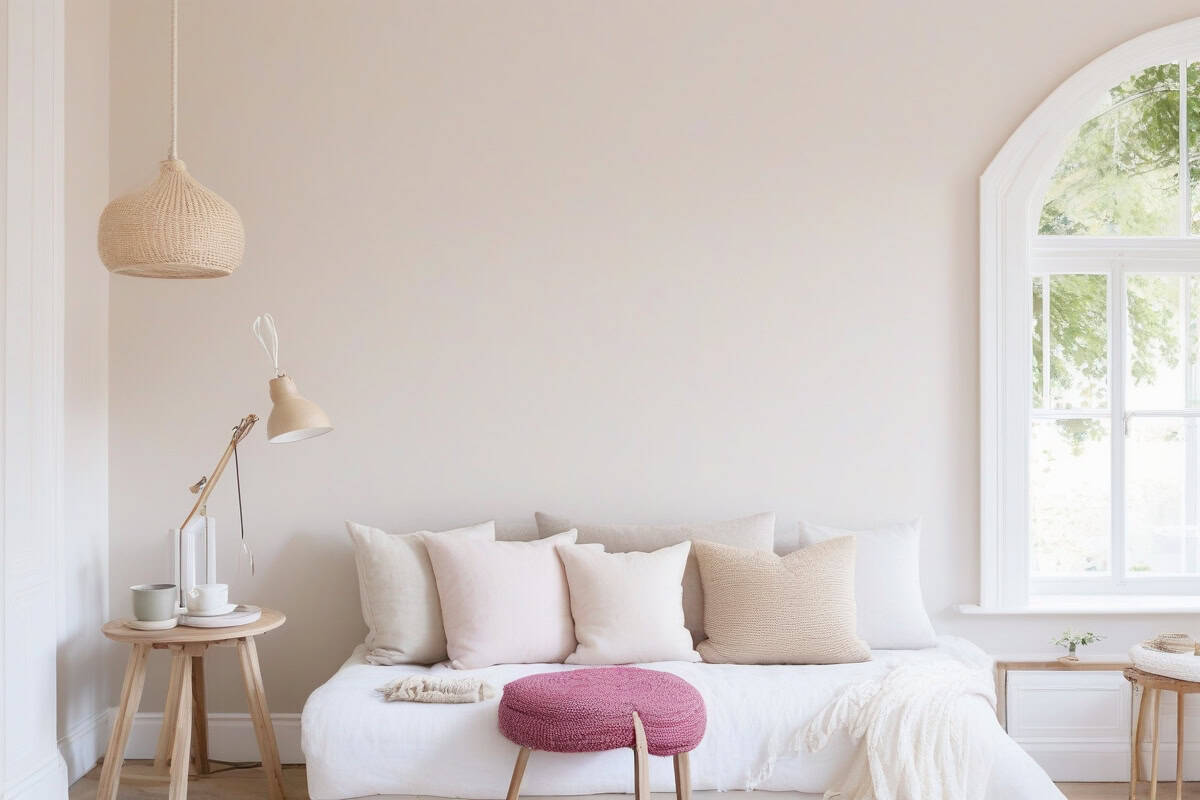 peinture Farrow and Ball Linen White No.2009 sur mur salon cocooning style cosy et apaisant