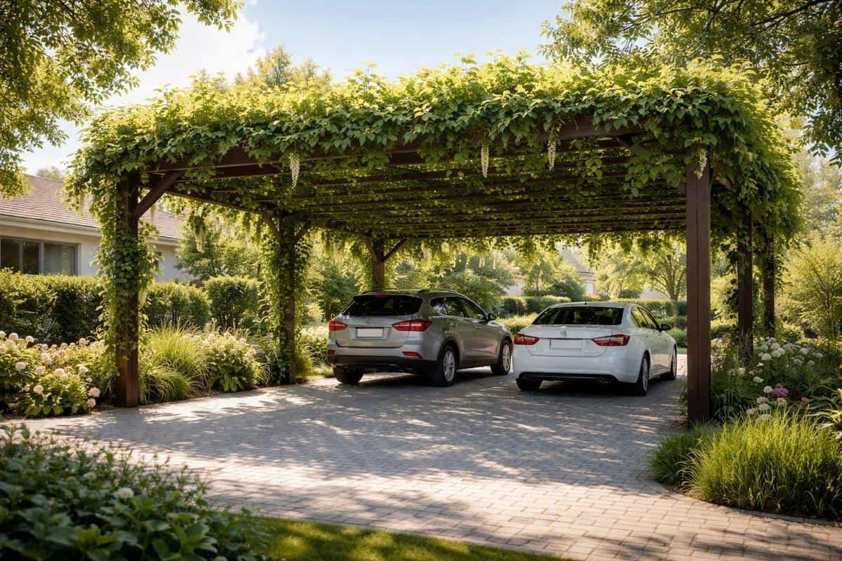pergola végétalisée plantes grimpantes ombre naturelle parking maison aménagement extérieur