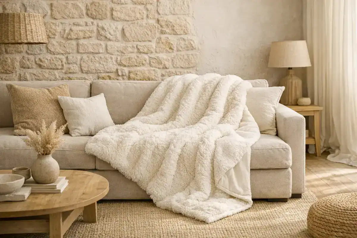 plaid crème bouclette fausse fourrure canapé beige ambiance cocon idée déco salon beige Zara Home H&M Home