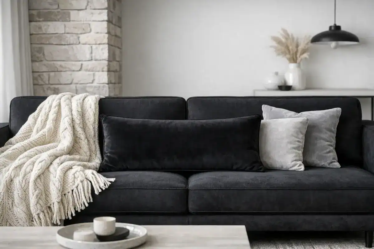 plaid laine mérinos blanc cassé et coussins velours gris perle sur canapé noir pour ambiance raffinée salon cosy