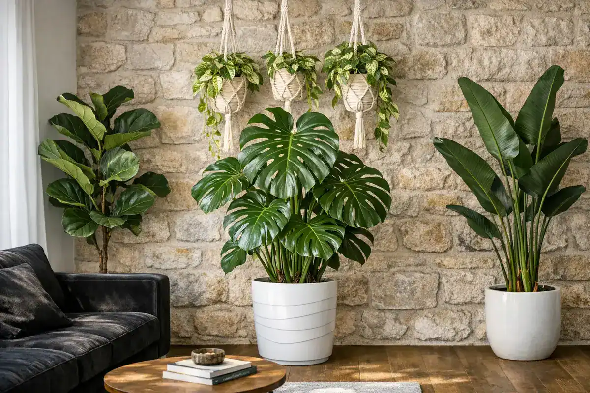 Plantes vertes à larges feuilles éléments naturels cache-pot céramique blanche pour illuminer salon canapé noir