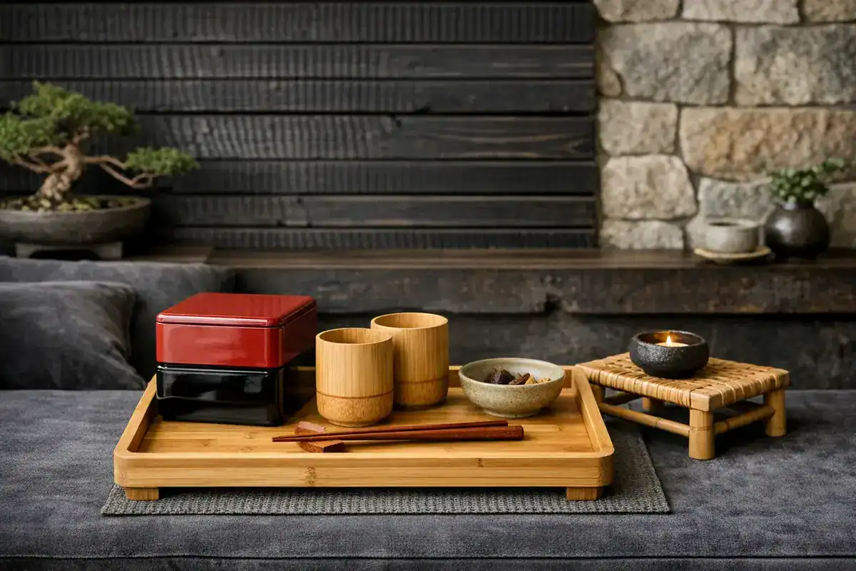plateau en bambou naturel et accessoires déco salon japonais style wabi-sabi