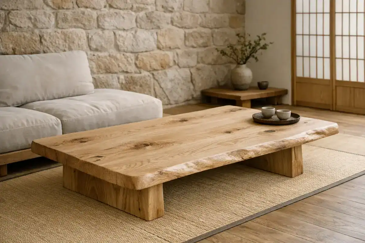 plateau bois massif planche unique finition huile naturelle esprit wabi-sabi déco salon japonais