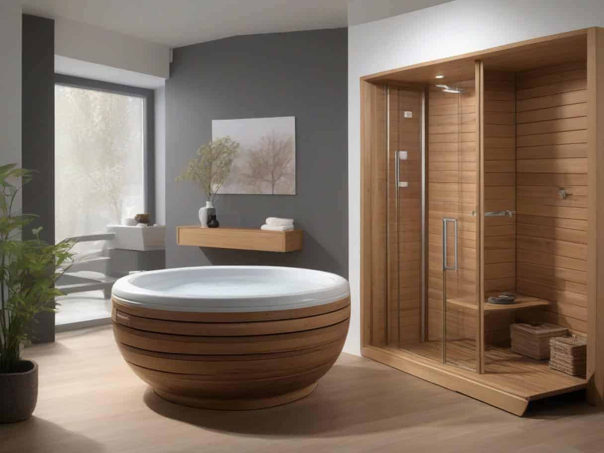 platelage teck massif et habillage bois thermo-traité pour spa intérieur résistant humidité style zen naturel