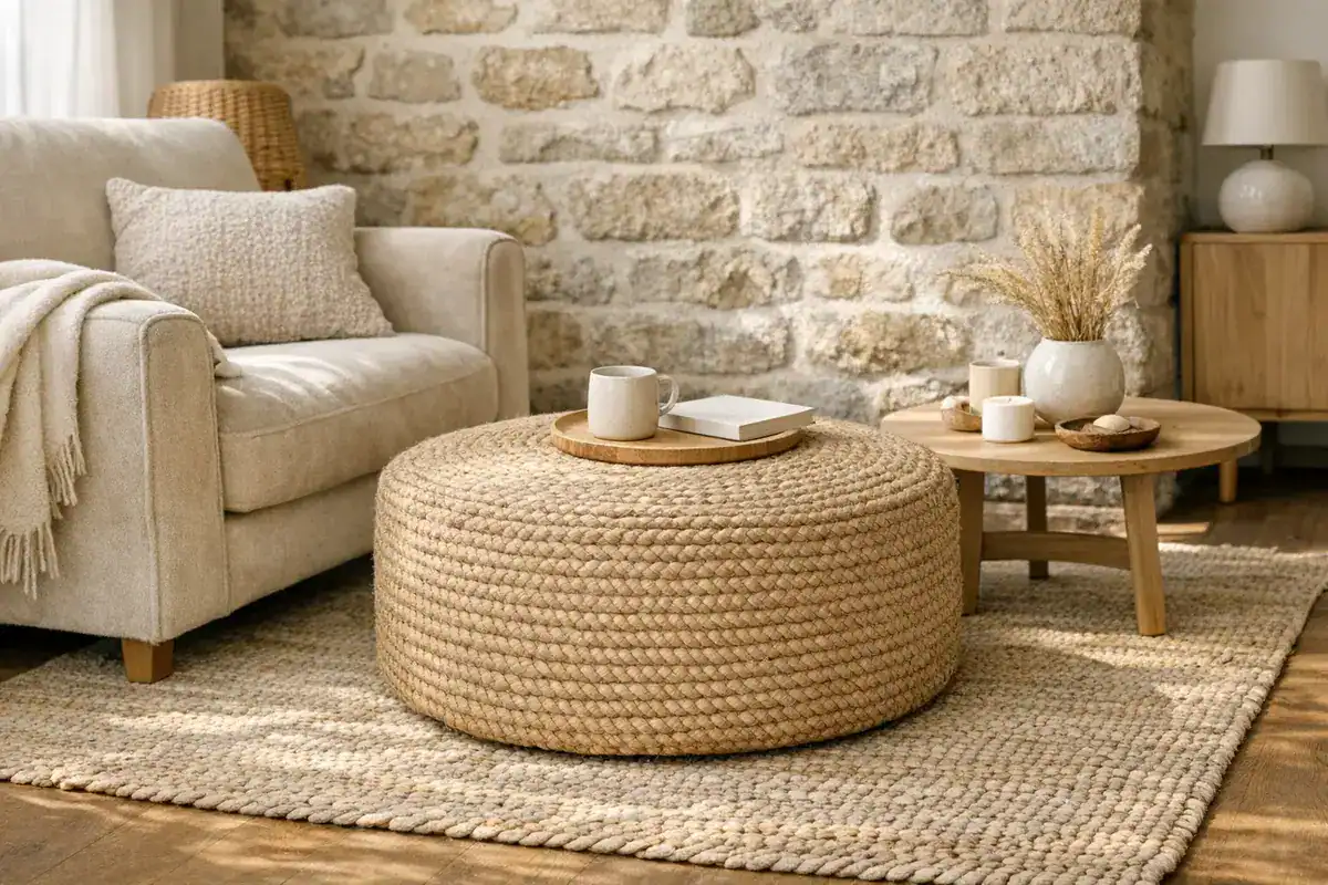 pouf cylindrique en jute naturel ou lin tressé coordonné à des fauteuils beige pour idée déco salon naturel