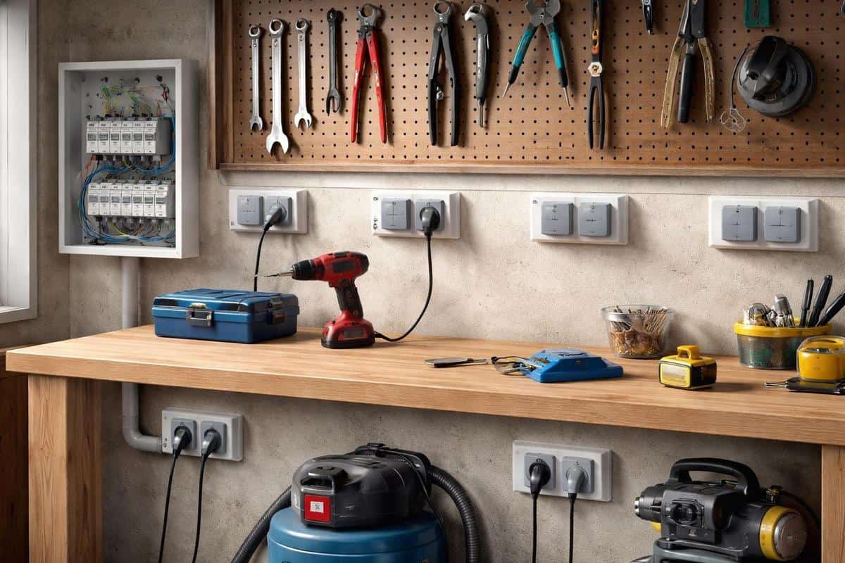 prise électrique étanche IP44 au-dessus établi garage aménagé norme NF C 15-100 sécurité