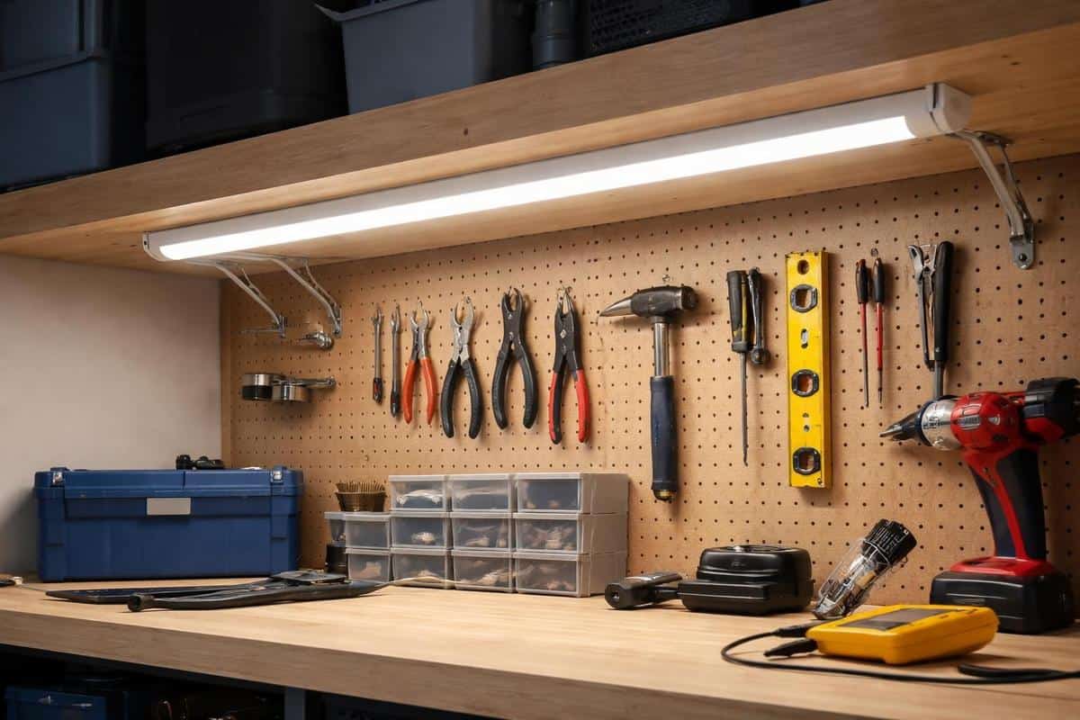 réglette LED T8 spectre neutre 4000K fixée sous étagère établi garage aménagement