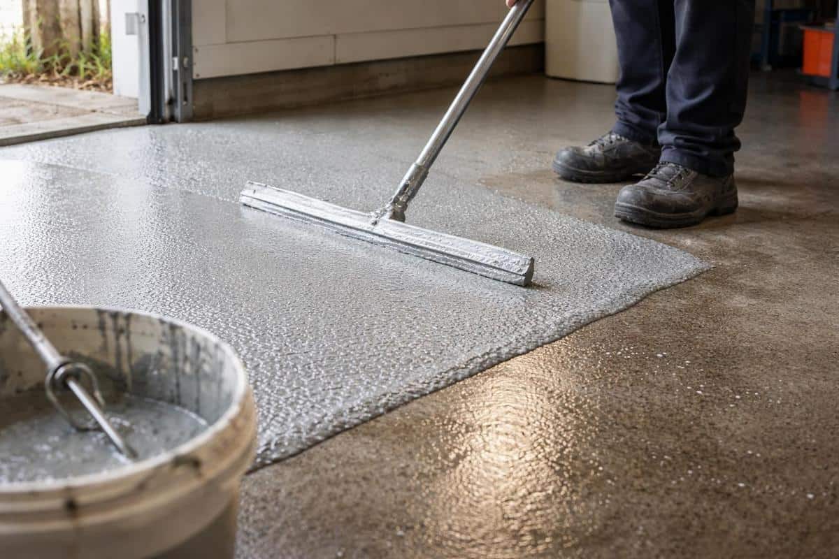 résine époxy chargée silice appliquée sur béton brut de garage pour surface antidérapante et étanche