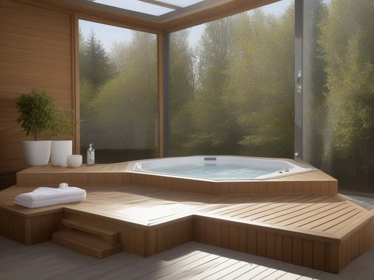 revêtement sol antidérapant grès cérame structuré et bois composite traité humidité autour spa intérieur - aménagement spa matériaux naturels