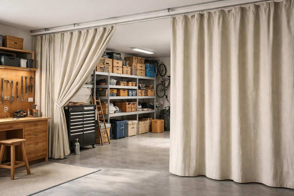 rideau toile lin coton canvas sur rail plafond séparateur zone stockage atelier garage multifonctionnel