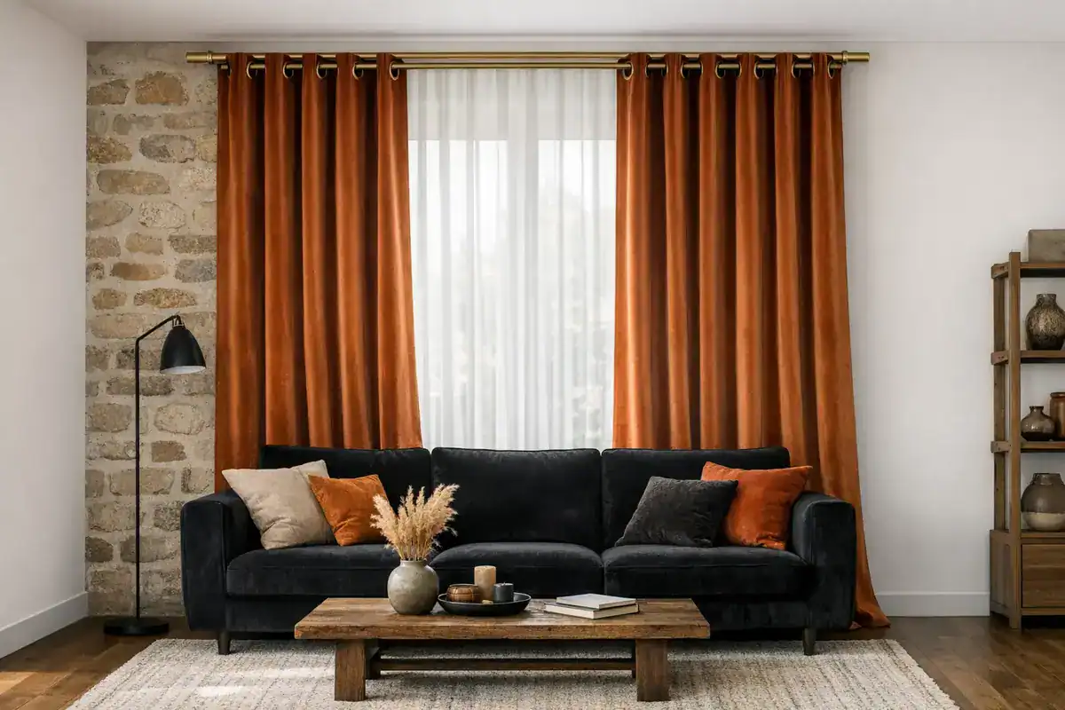 rideau velours épais couleur rouille brûlé œillets laiton brossé salon blanc canapé noir style cosy