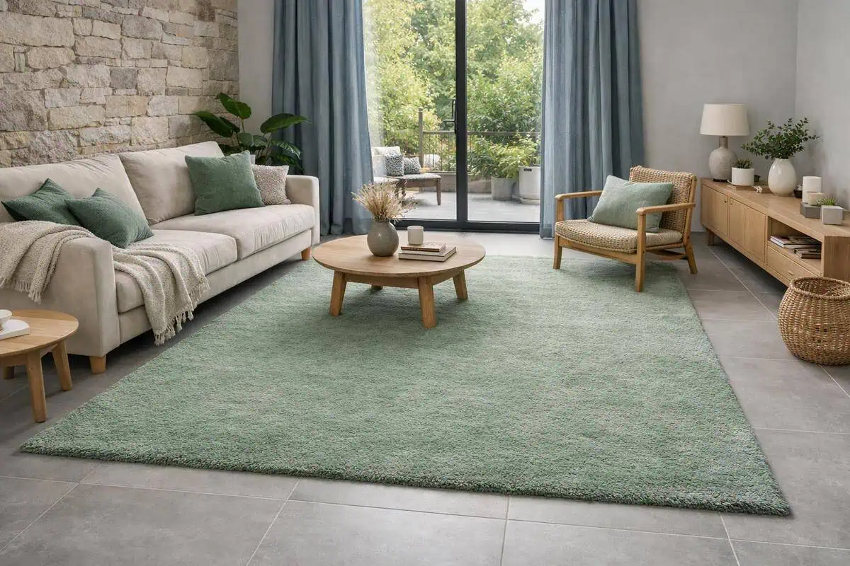 rideau lin lave bleu-gris Harmony Textile tapis berbere laine vert sauge avec carrelage sol gris clair pastels doux salon