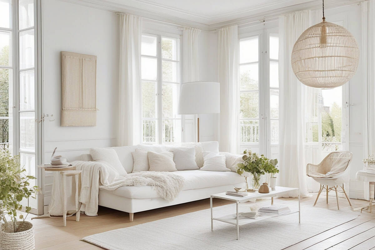 rideaux lin lavé blanc cassé ecru tombé au sol salon cocooning naturel apaisant