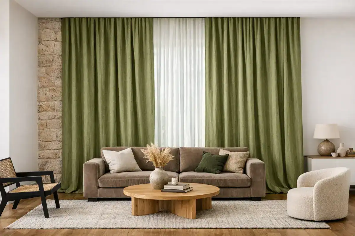 rideaux en lin lavé vert olive sol plafond pour décoration salon tendance 2026