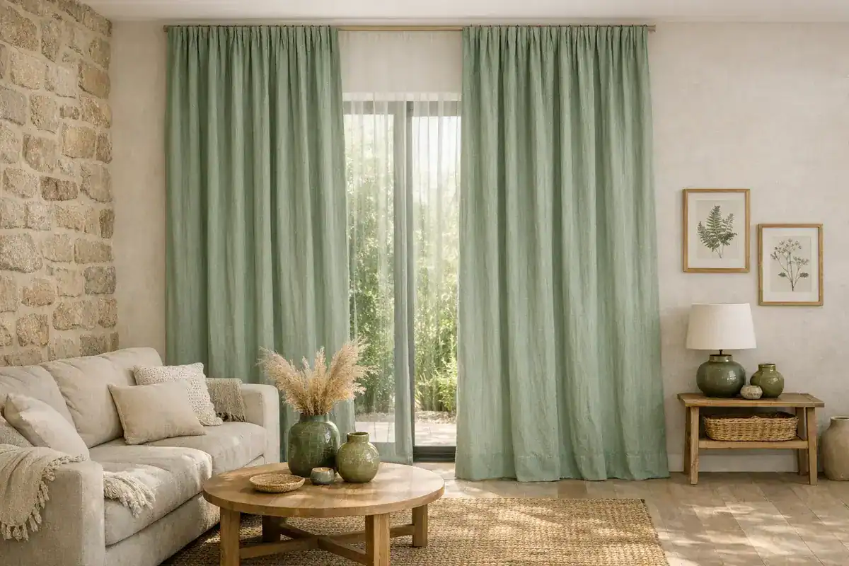 rideaux en lin lavé vert sauge dans un salon beige naturel, idée déco couleurs harmonieuses