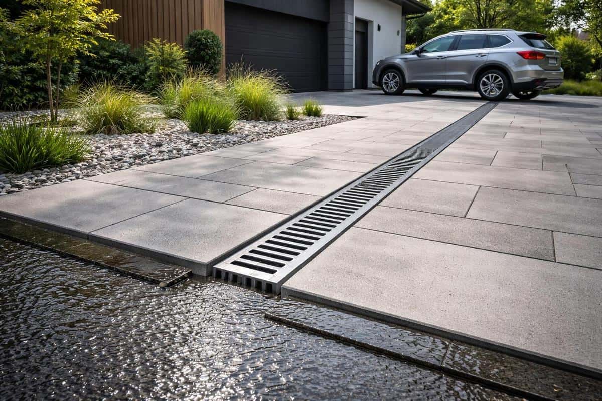 rigole linéaire drainage parking maison écoulement eaux de pluie pente aménagement extérieur design