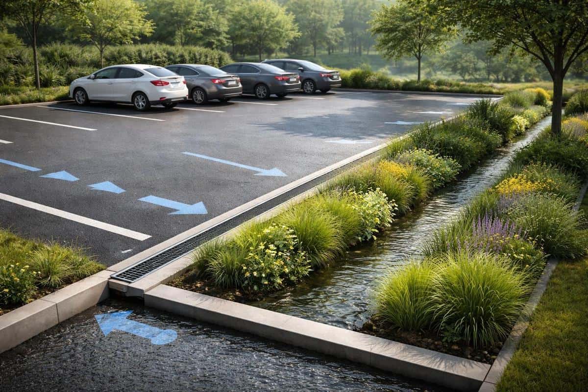 schéma drainage parking en pente rigole linéaire noue végétalisée pente écoulement eaux pluviales aménagement