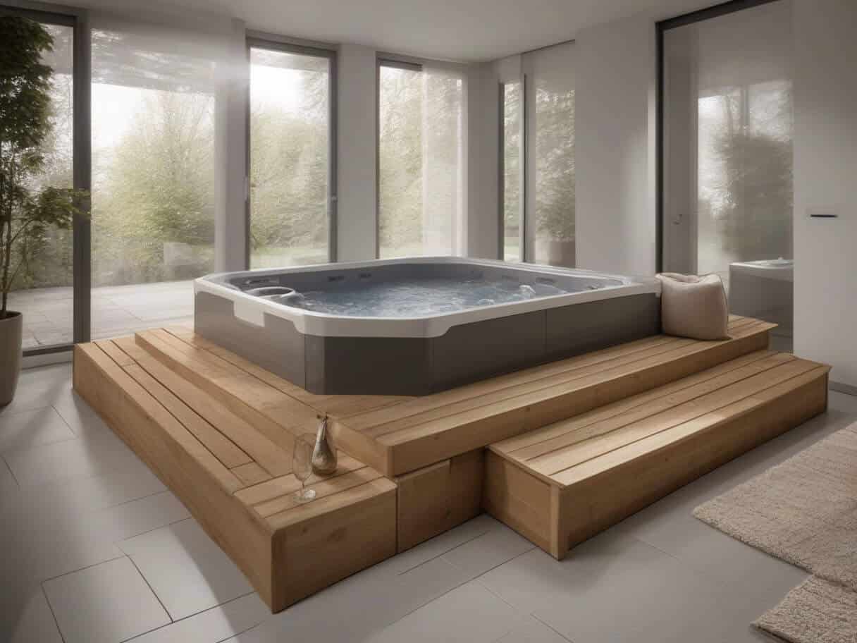 spa carré intérieur 4 places habillage bois traité humidité et carrelage grand format - aménagement spa intérieur maison moderne