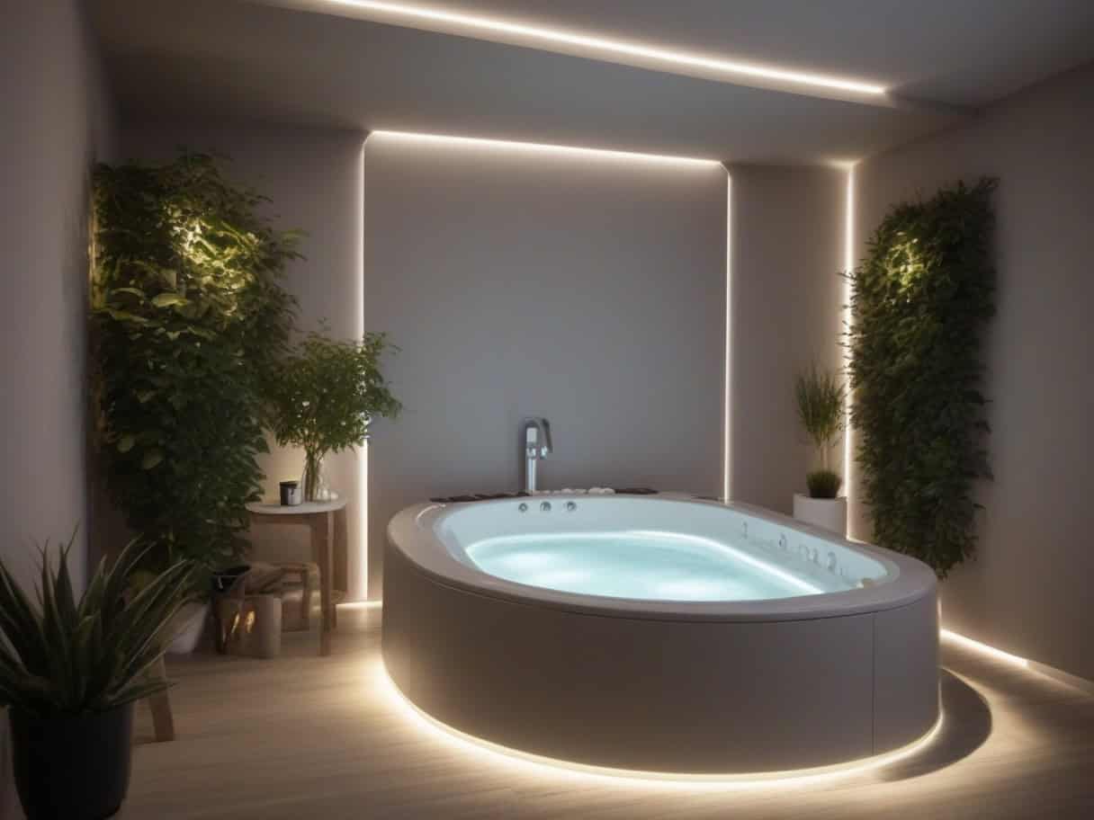 Spa encastrable en angle dans une salle de bains avec éclairage LED indirect et plantes d'intérieur pour idée aménagement spa intérieur cocooning