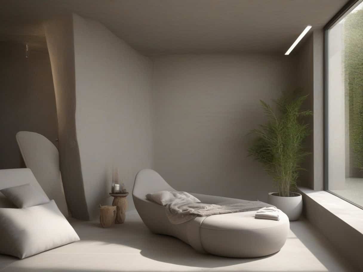 Spa intérieur dans un sous-sol aménagé avec béton ciré teinté, pierre naturelle et transats de repos pour pièce bien-être cocooning isolée