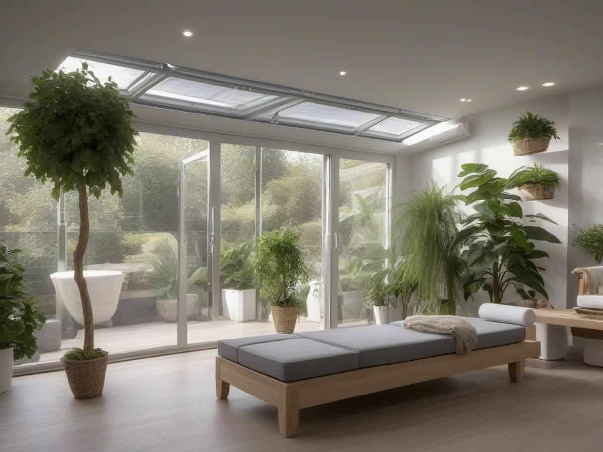 Spa intérieur dans une véranda bioclimatique aluminium thermolaqué avec mur végétal et plantes tropicales ficus lyrata pour aménagement zen vue jardin