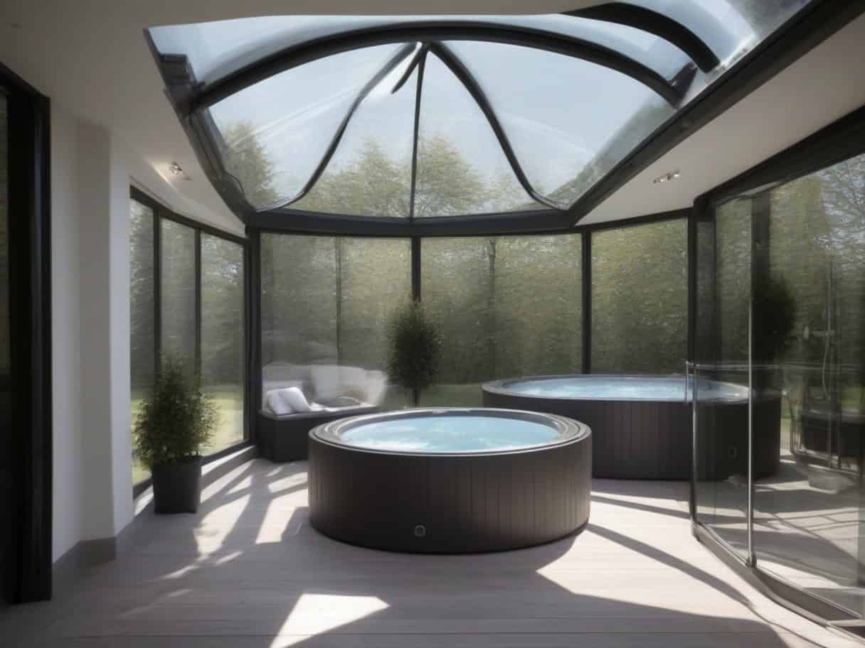 spa rond ovale sous véranda en verre et acier avec buses hydrothérapie - idée aménagement spa intérieur extension lumineuse