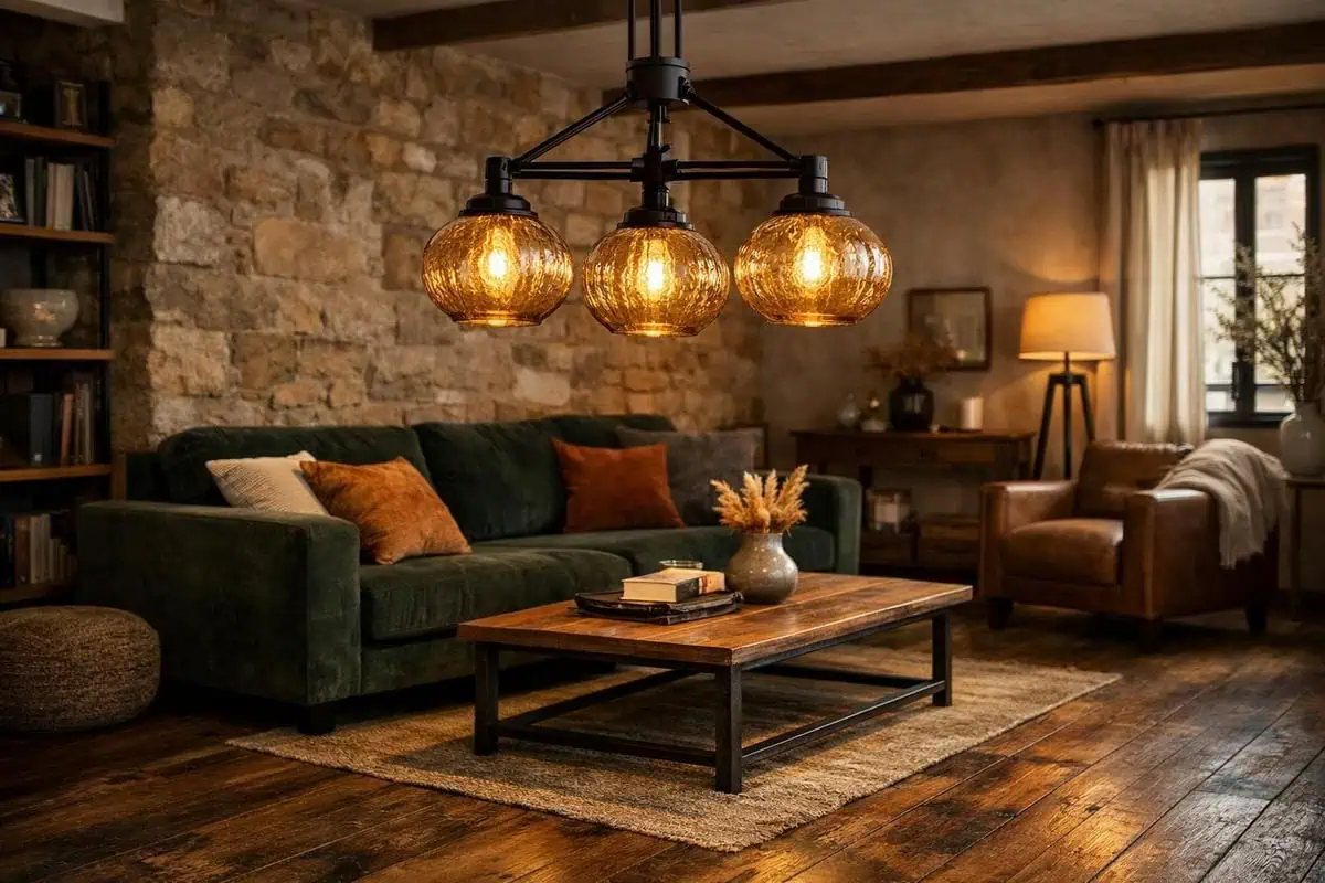 suspension atelier XXL verre souffle ambre metal noir cable textile torsade style industriel parquet vieilli