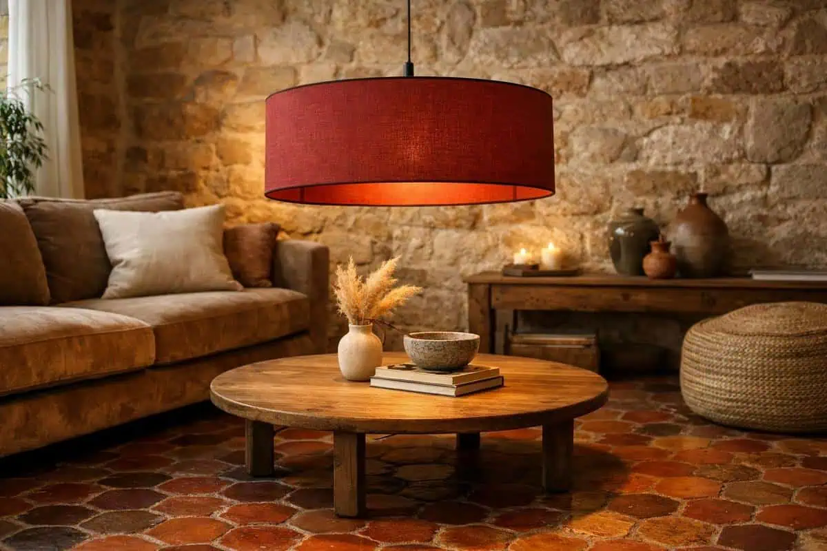 Suspension en lin naturel et abat-jour papier pour eclairage doux salon tomette rouge