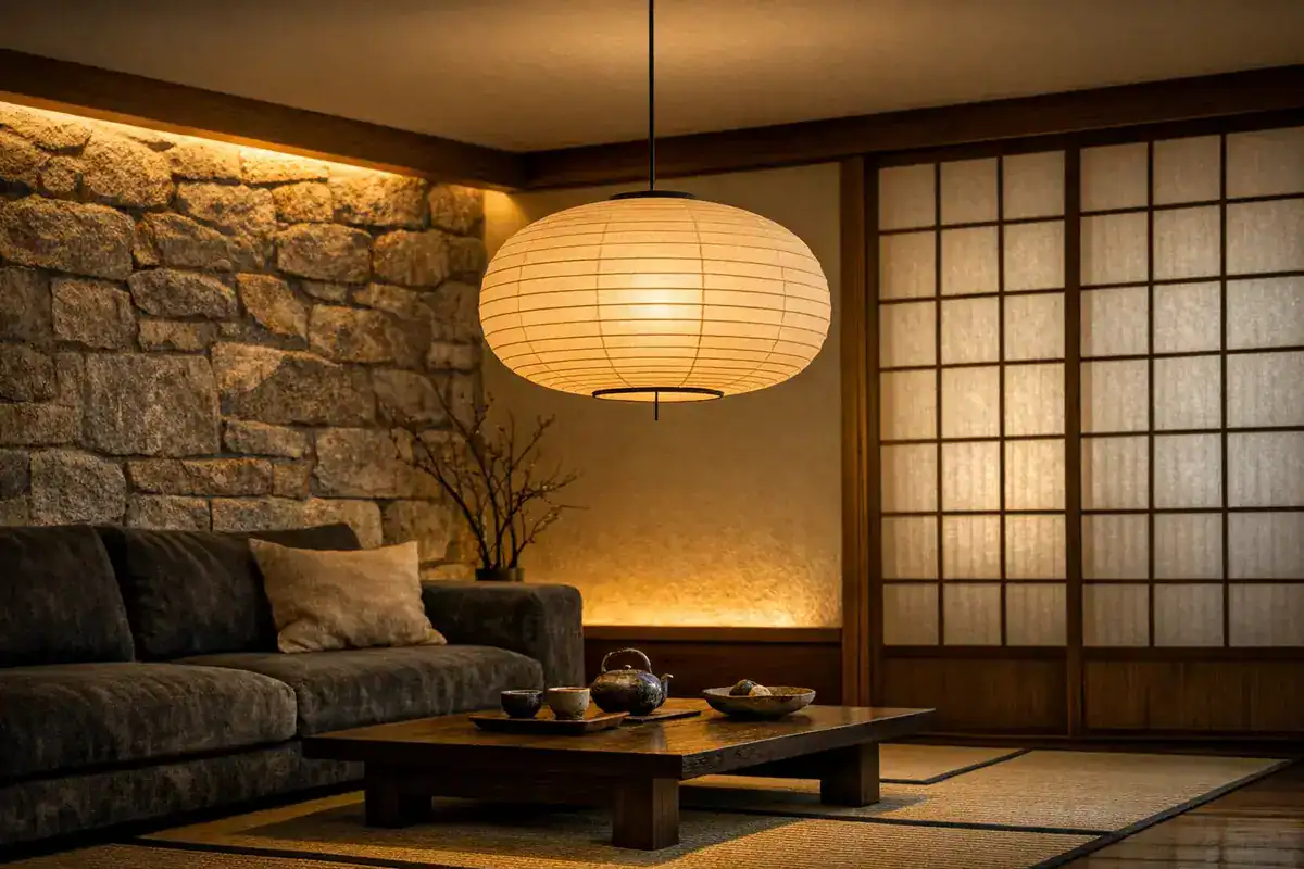 suspension en papier washi ronde lumiere chaude tamisee pour salon japonais zen, lampe style Noguchi Akari eclairage deco japonais