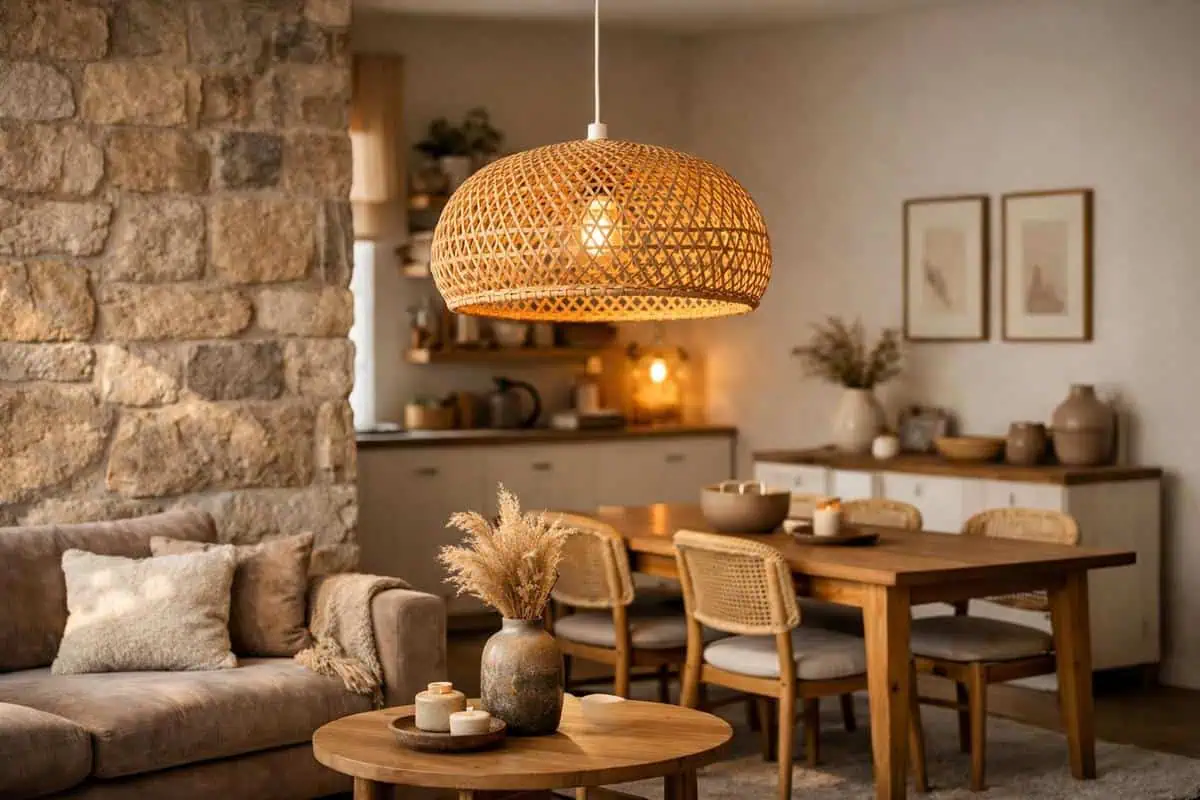 Luminaire suspension scandinave en rotin tressé main style nordique pour salon salle à manger
