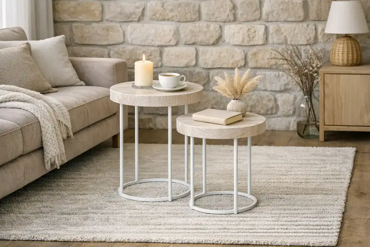 table d'appoint ronde bois clair bouleau piétement métal blanc style scandinave cosy idée déco salon beige
