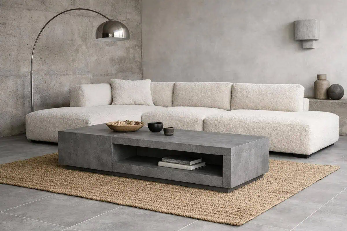 Table basse en béton coulé avec canapé modulable gris perle pour salon minimaliste chic avec carrelage gris clair