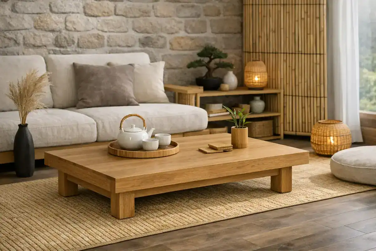 table basse en chêne massif clair à pieds courts style japonais pour déco salon zen
