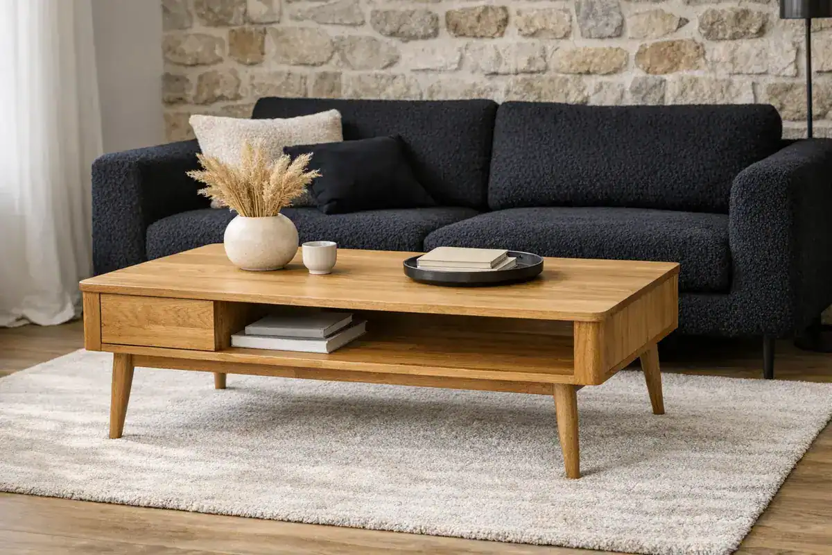 Table basse en bois massif clair style scandinave aux lignes épurées pour salon avec canapé noir