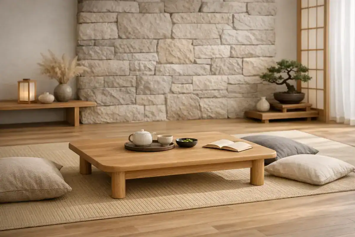 table basse en chêne clair bords arrondis style japonais minimaliste déco salon japonais