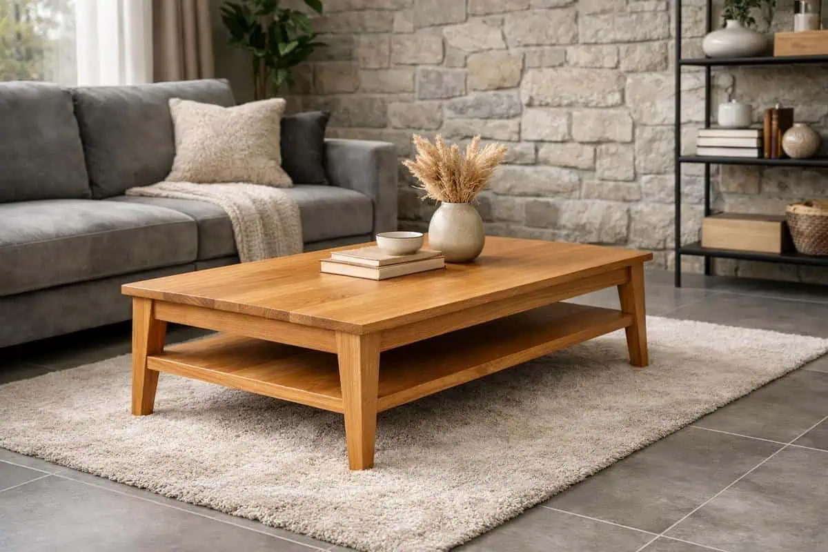 Table basse en chêne clair massif avec pieds effilés sur carrelage gris clair pour mobilier bois chaleureux