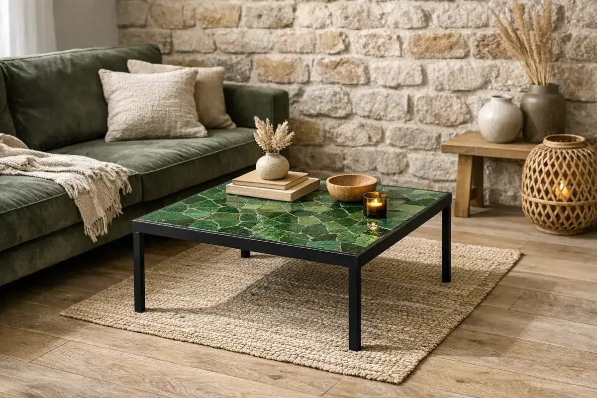 table basse DIY plateau contreplaqué habillé zellige vert opus incertum pieds métal noir mat décoration salon 2026