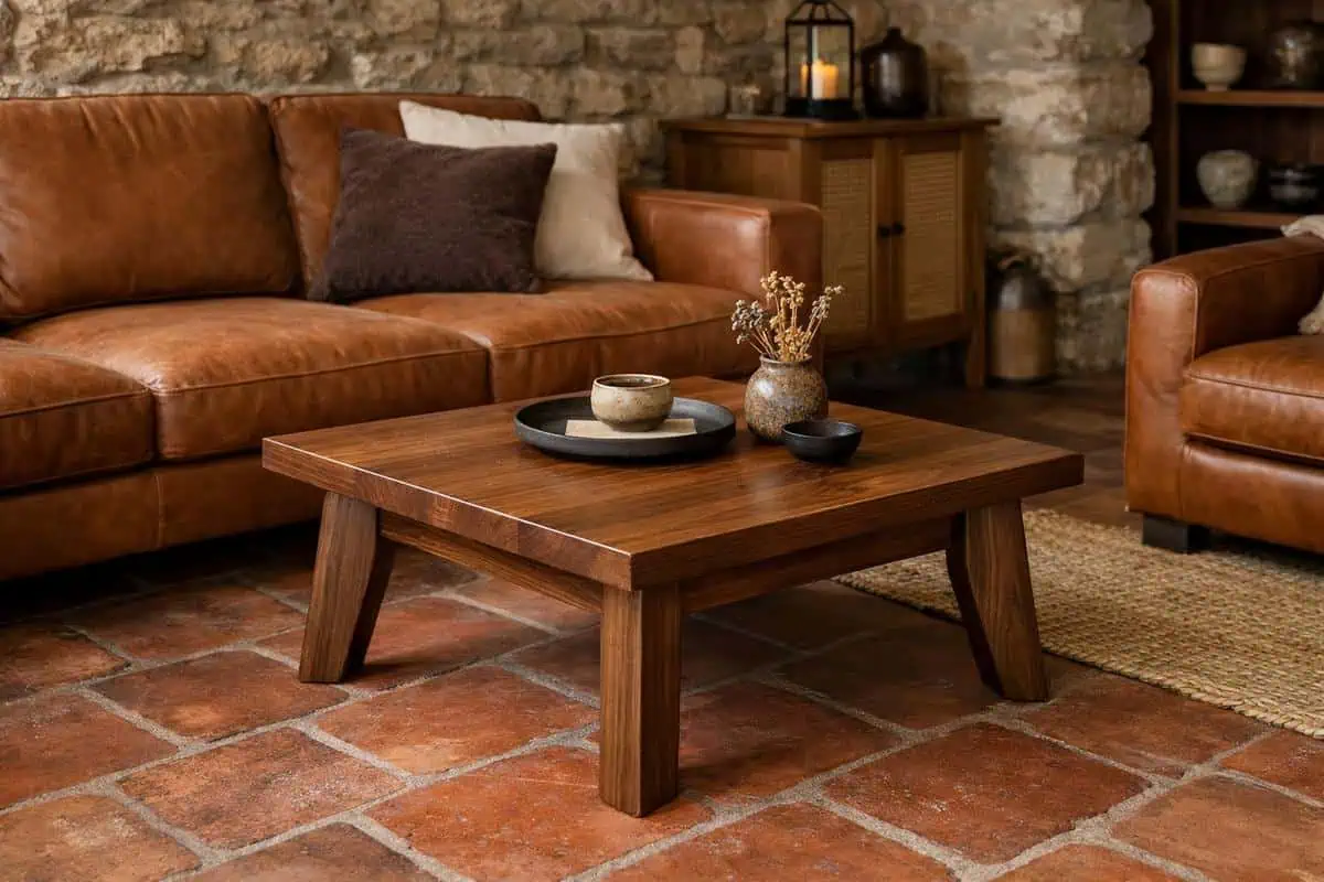 Table basse en noyer massif avec plateau assise cuir tabac, pieds évasés, sol tomette rouge, mobilier artisanal aspect rustique