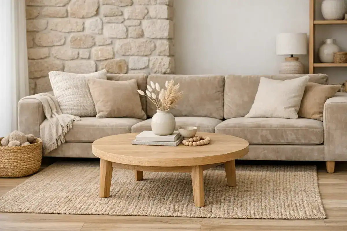 table basse ronde en chêne blanchi pour aménagement salon beige naturel et chaleureux