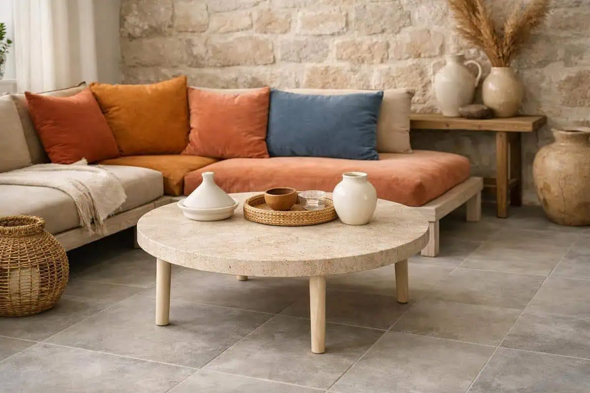 Table basse travertin naturel avec canapé bois blanchi et coussins ocre pour aménagement déco scandinave-méditerranéen carrelage gris clair